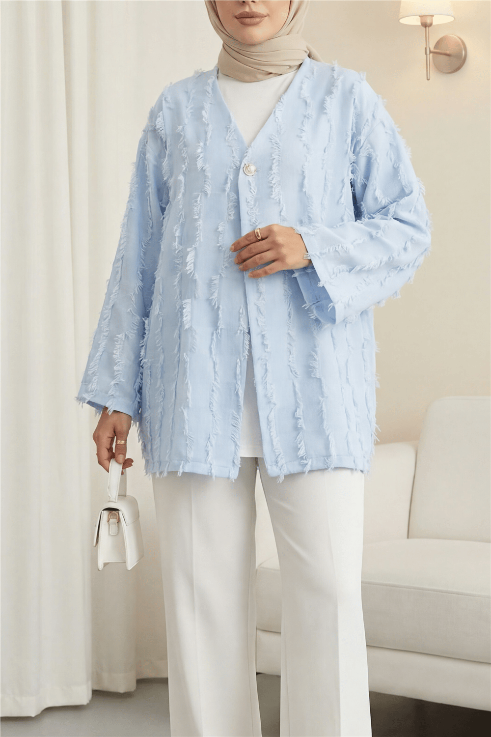 Saçaklı Tek Düğmeli Kare Desenli Kimona -Bebe Mavi-Kimono&Kaftan-307-2376-R32