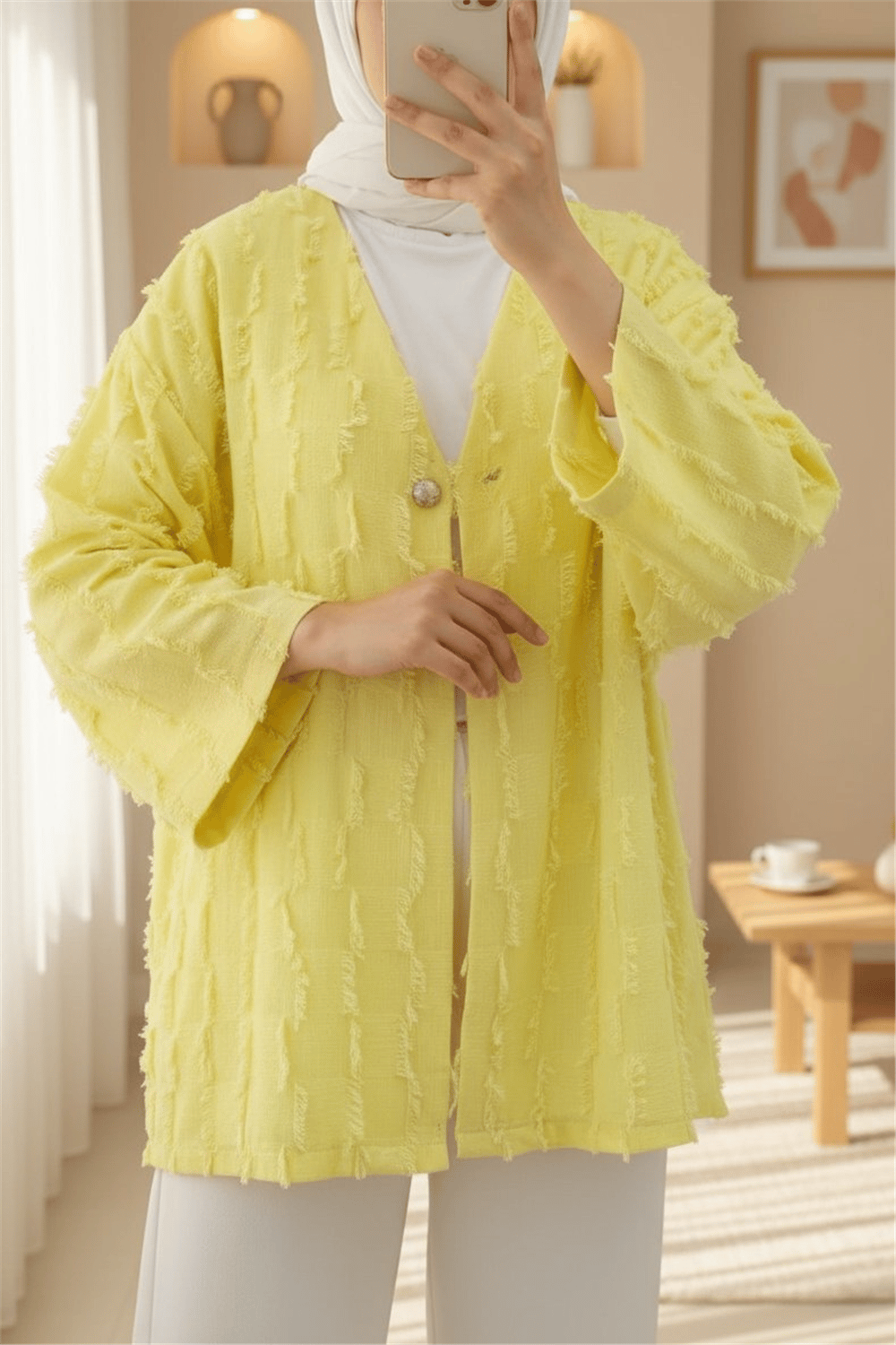Saçaklı Tek Düğmeli Kare Desenli Kimona -Sarı-Kimono&Kaftan-307-2376-R22