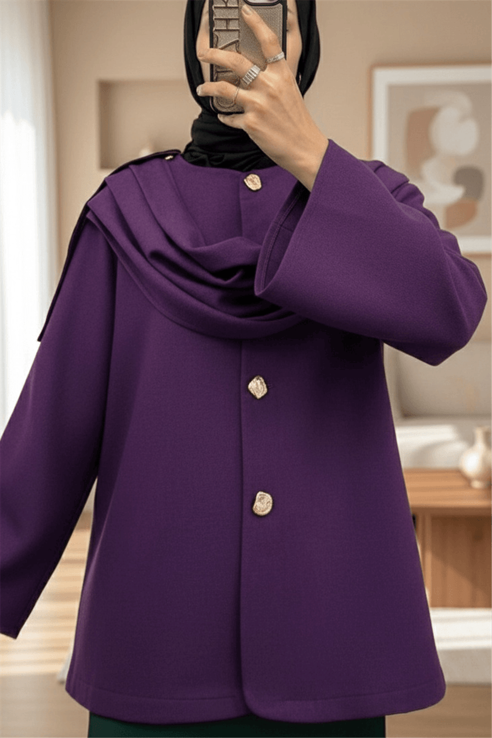 Şal Detaylı Kışlık Keçe Ceket -Mor-Ceket-307-0025-R34