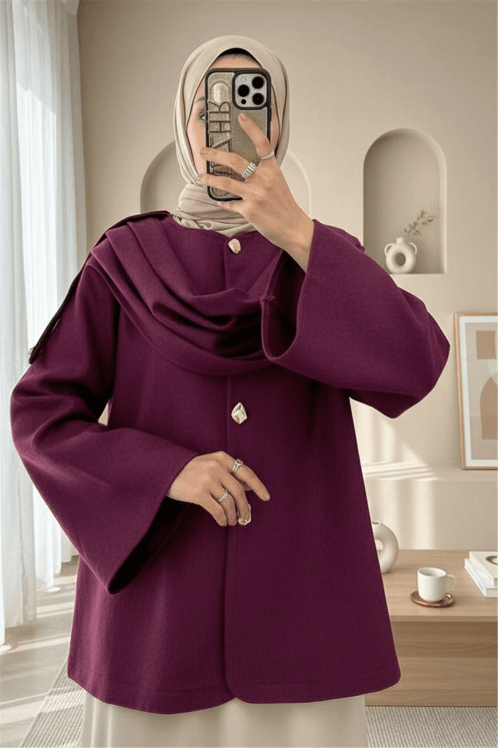 Şal Detaylı Kışlık Keçe Ceket -Mürdüm-Ceket-307-0025-R09