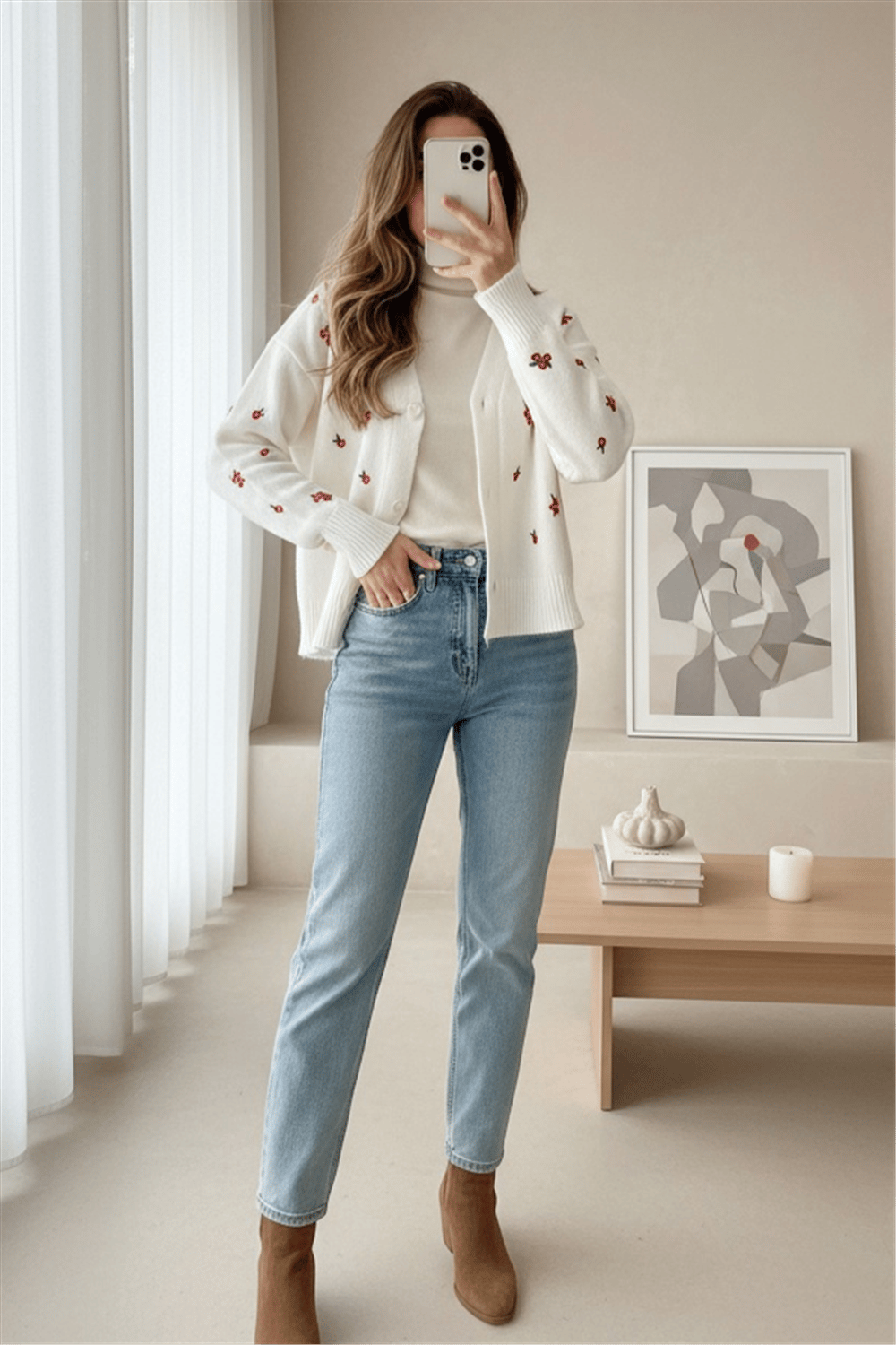 Serpme Çiçek Nakışlı Triko Hırka -Ekru-Triko Hırka-109-0674-R07