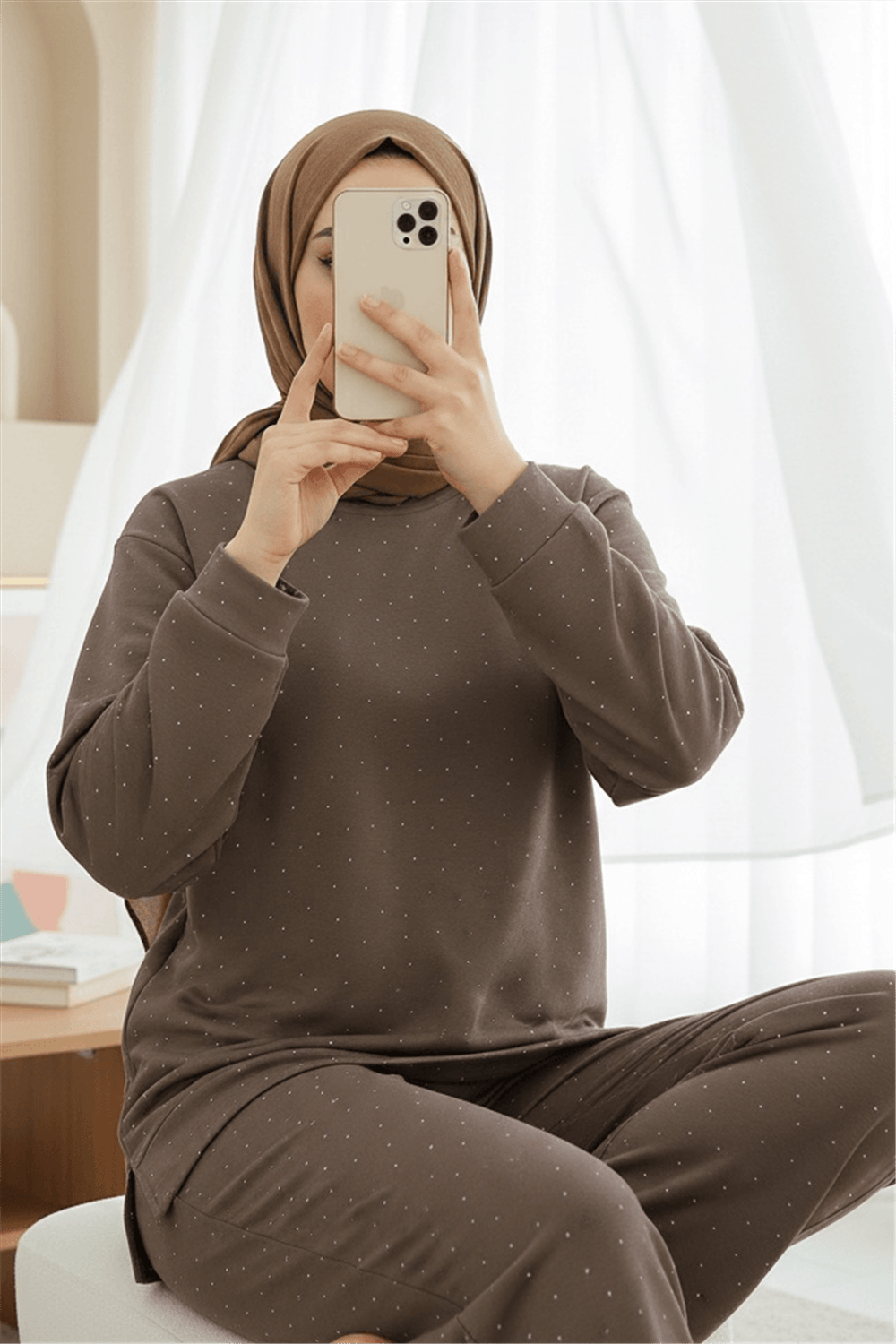 Serpme Taş Detaylı Pantolonlu Oysho Takım -Açık Kahve-Takım-253-13075-R76