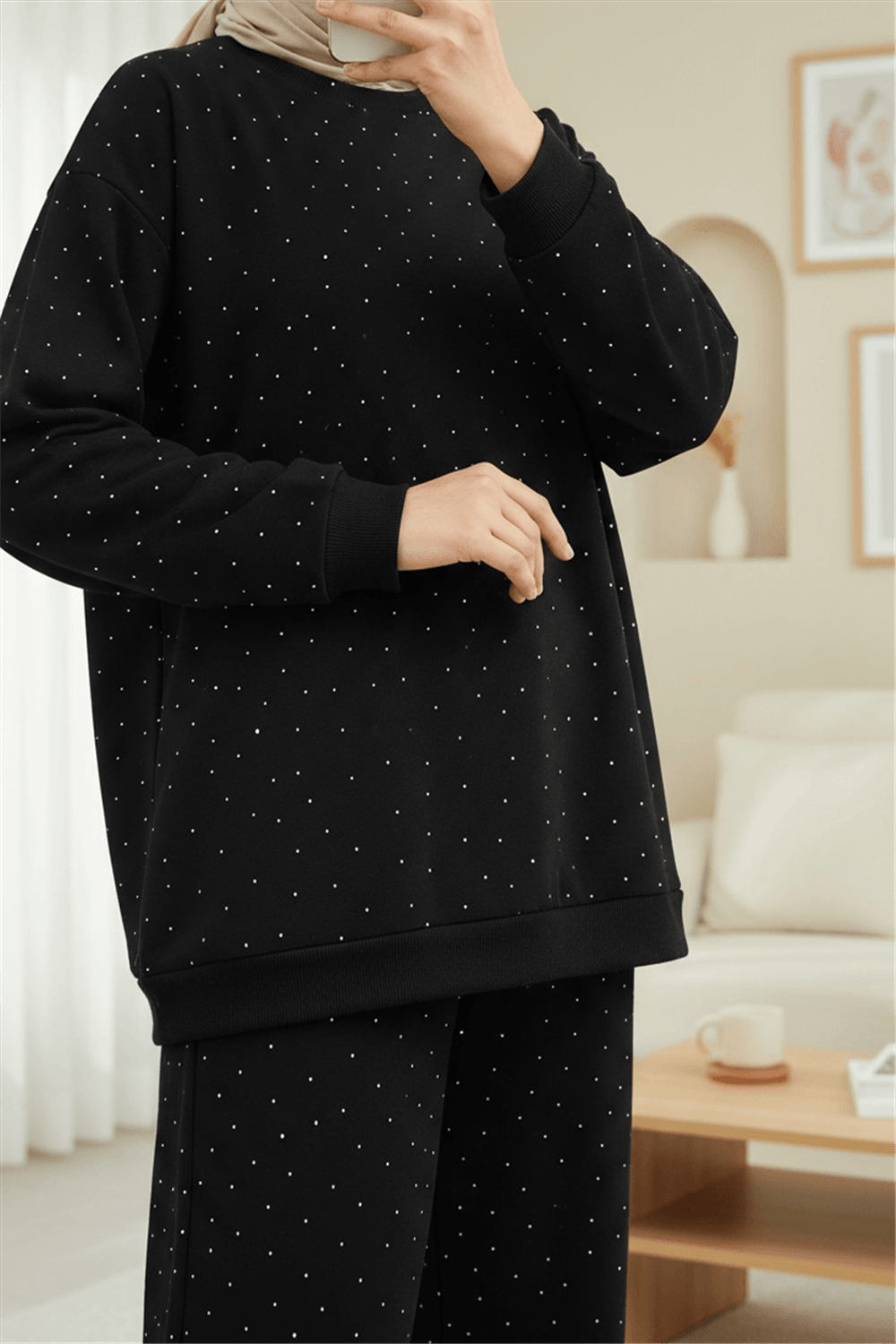 Serpme Taş Detaylı Pantolonlu Oysho Takım -Siyah-Takım-253-13075-R01