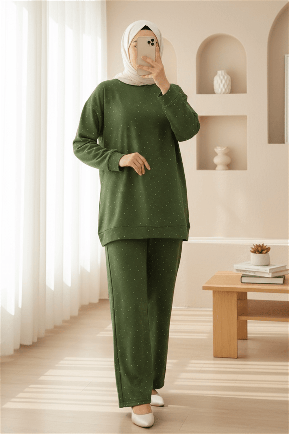 Serpme Taş Detaylı Pantolonlu Oysho Takım -Koyu Yeşil-Takım-253-13075-R79