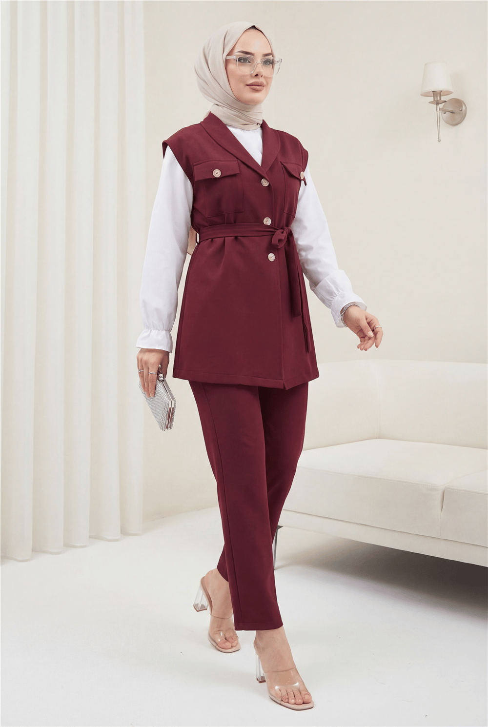 Sıfır Kol Önü Düğmeli Beli Kemerli Üçlü Takım  -Bordo-Takım-386-6169-R04