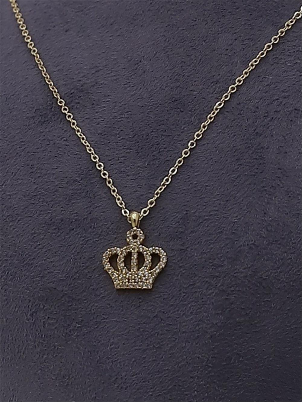 Taç Motifli Solmayan Zirkon Kolye -Altın-360-KR07-R46