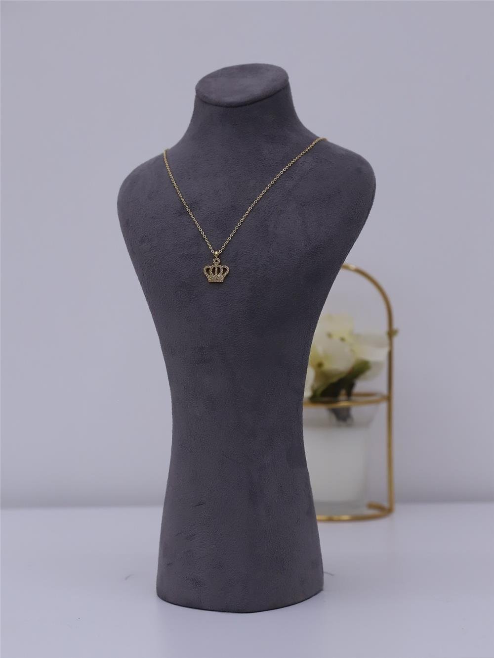 Taç Motifli Solmayan Zirkon Kolye -Altın-360-KR07-R46