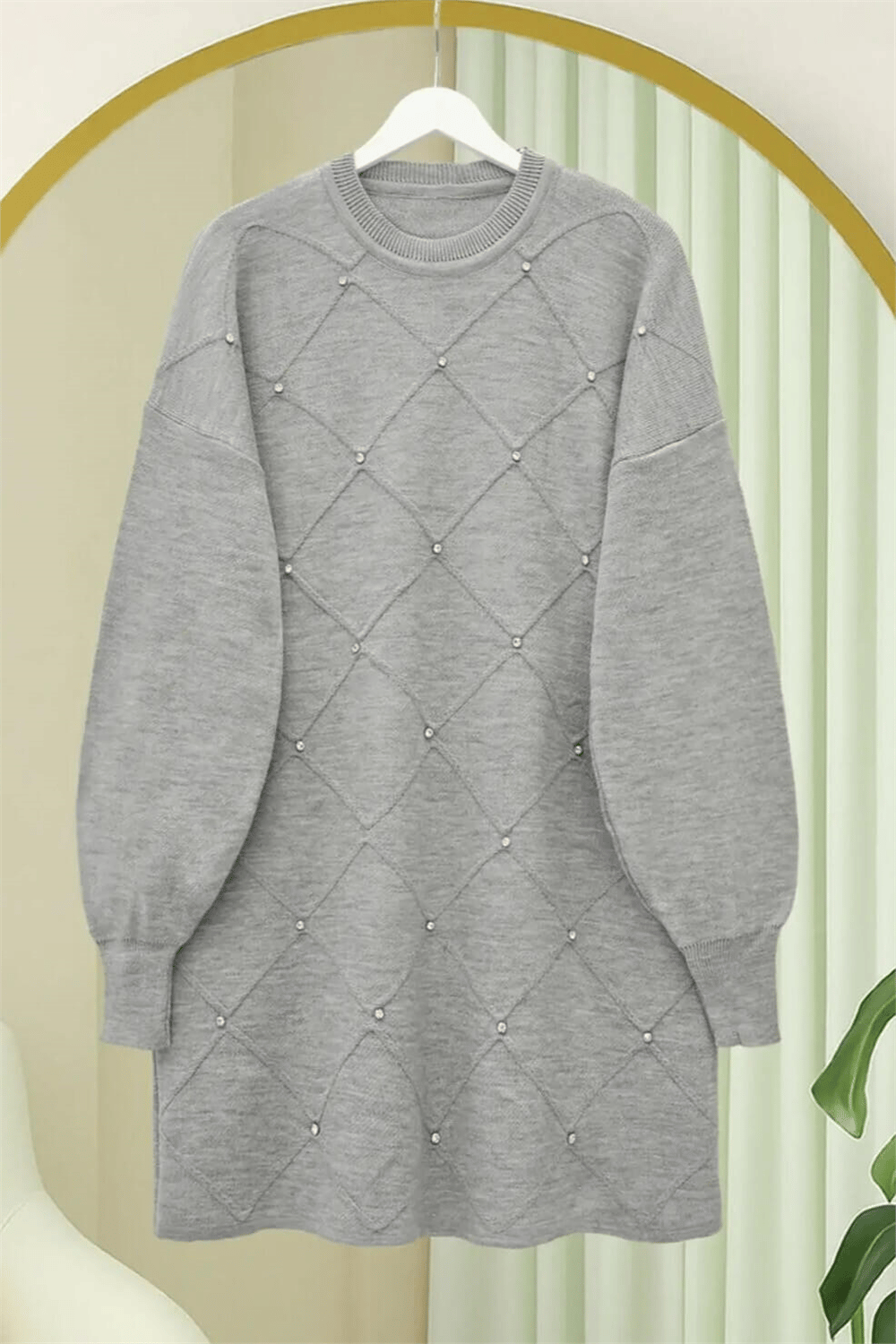Taş Detaylı Kare Desenli Triko Tunik -Gri-Tunik-295-1013-R11