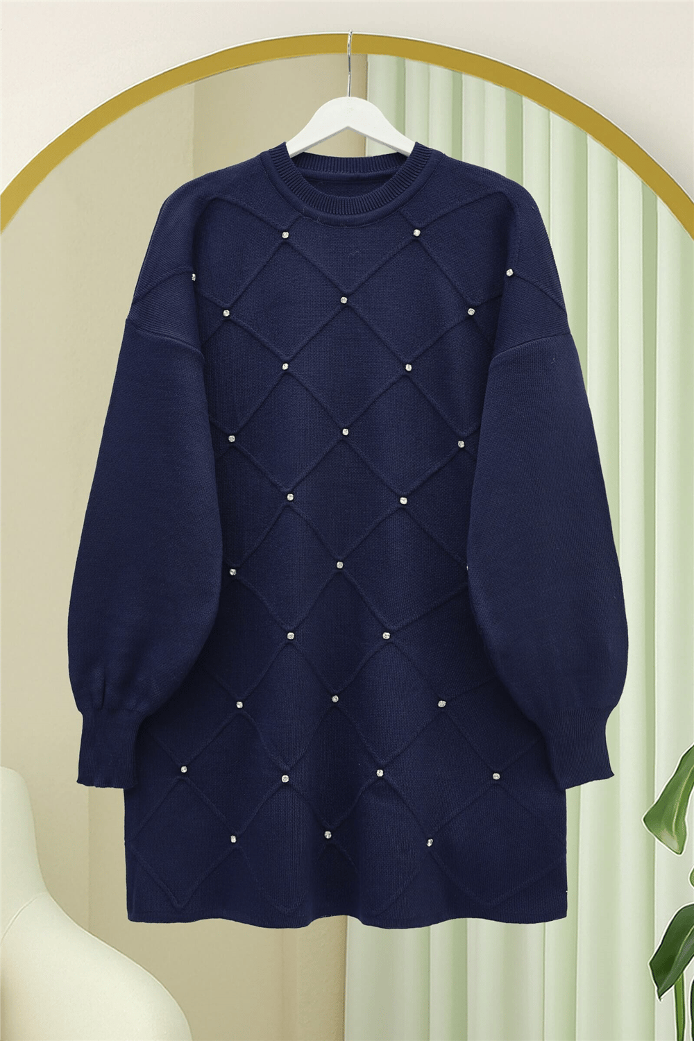 Taş Detaylı Kare Desenli Triko Tunik -Laci-Tunik-295-1013-R03