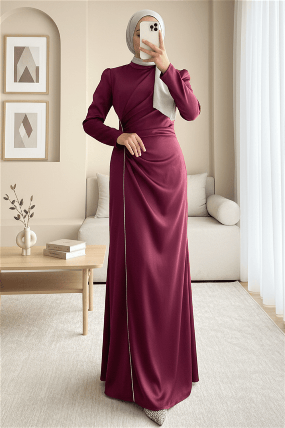 Taş Şeritli Beli Drapeli Saten Abiye -Bordo-Abiye-316-4668-R04
