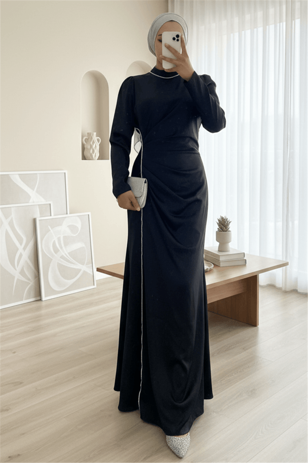 Taş Şeritli Beli Drapeli Saten Abiye -Siyah-Abiye-316-4668-R01