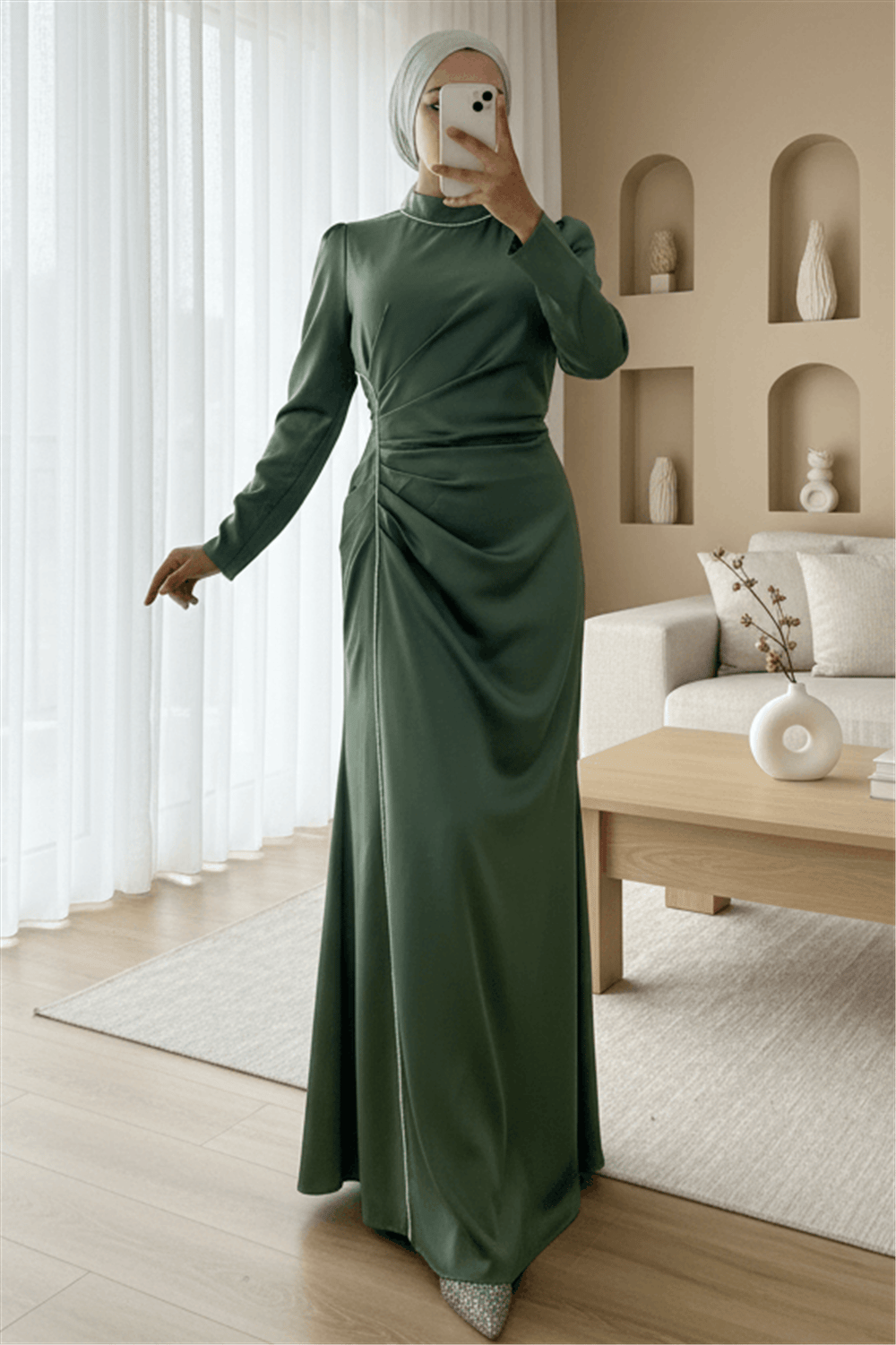 Taş Şeritli Beli Drapeli Saten Abiye -Yeşil-Abiye-316-4668-R35