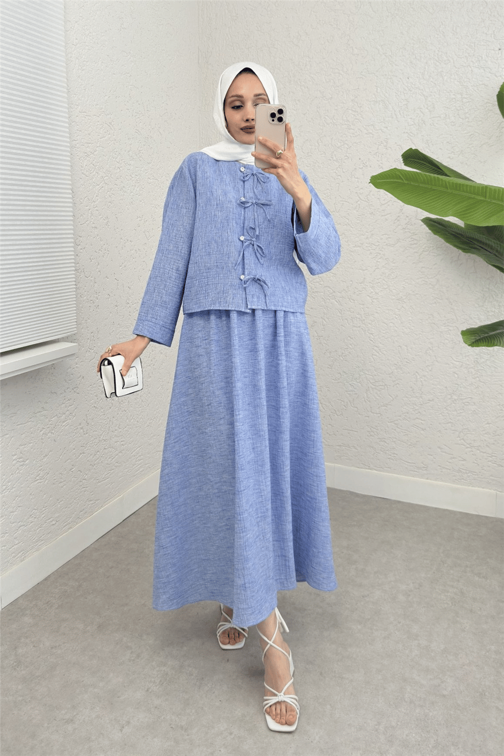 Taş Ve Kurdele Detaylı Etekli Keten Takım -Mavi-Takım-307-2290-R31