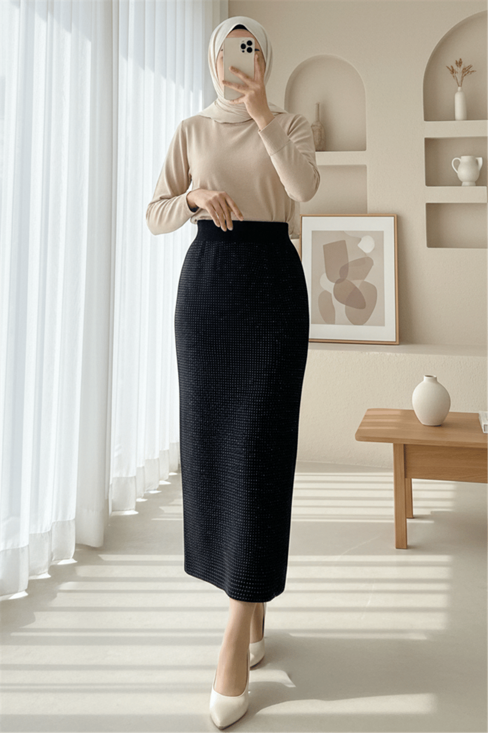 Taşlı Beli Lastikli Kalem Etek -Siyah-Etek-307-012285-R01