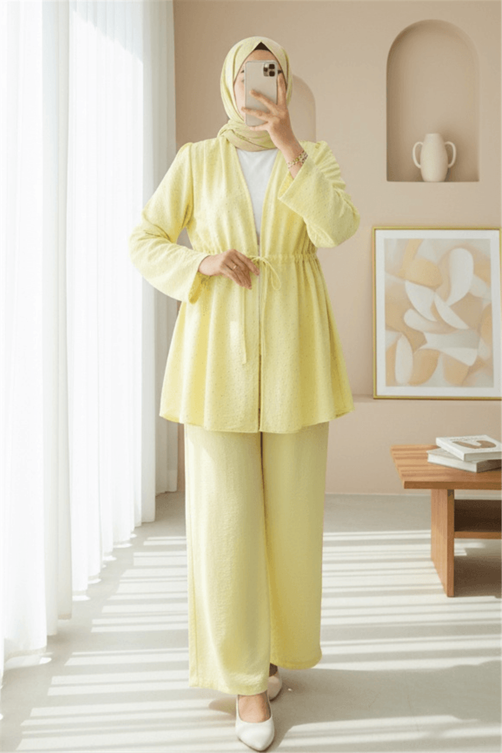 Taşlı Bol Paça Pantolonlu Tünel Bağcıklı Kimono Takım -Sarı-Takım-111-40683-R22