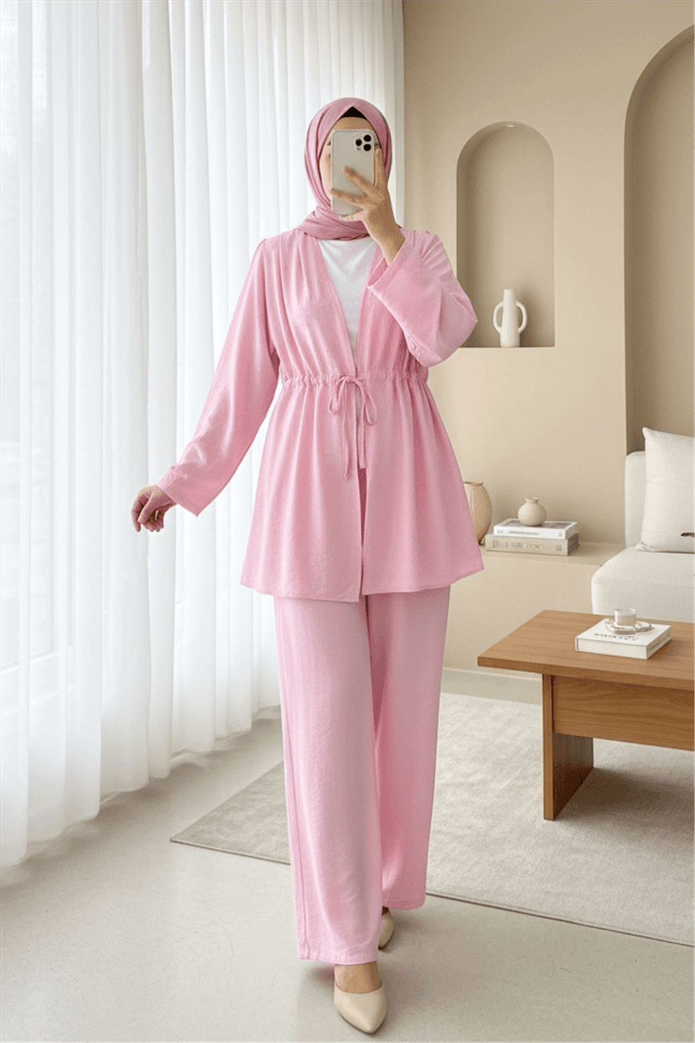 Taşlı Bol Paça Pantolonlu Tünel Bağcıklı Kimono Takım -Pembe-Takım-111-40683-R20