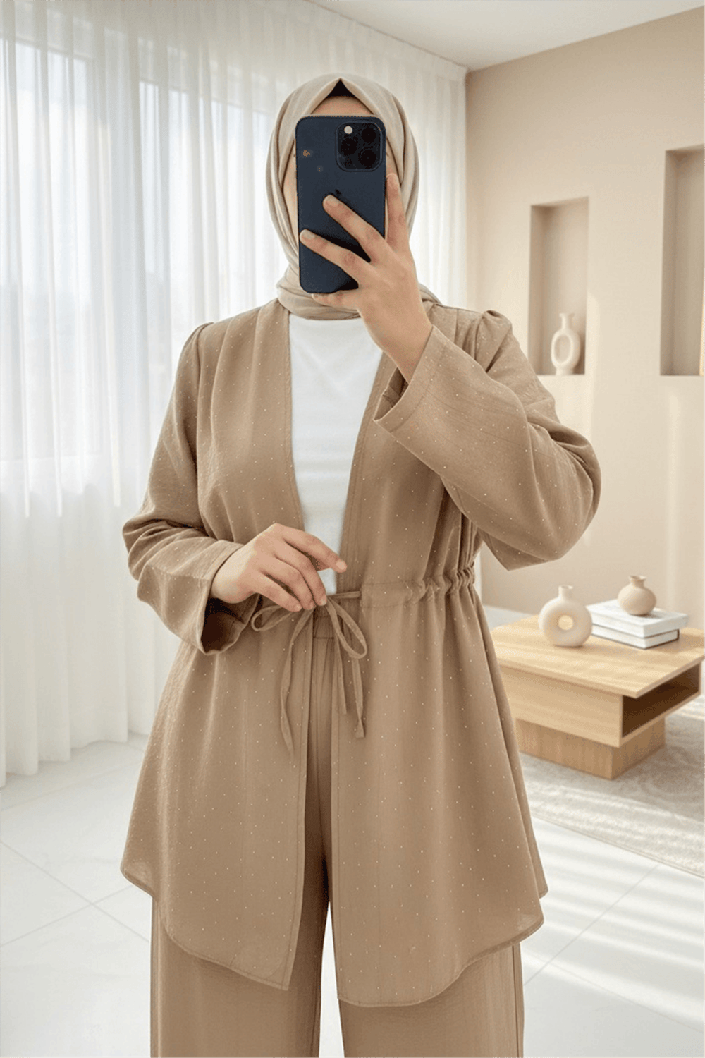 Taşlı Bol Paça Pantolonlu Tünel Bağcıklı Kimono Takım -Vizon-Takım-111-40683-R23