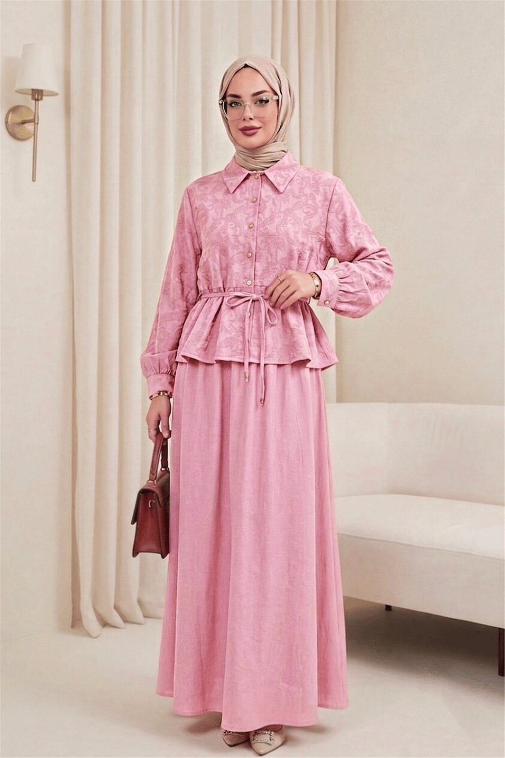 Taşlı Düğmeli Beli Bağlamalı Etekli Jakar Takım  -Pembe-Takım-398-22036-R20