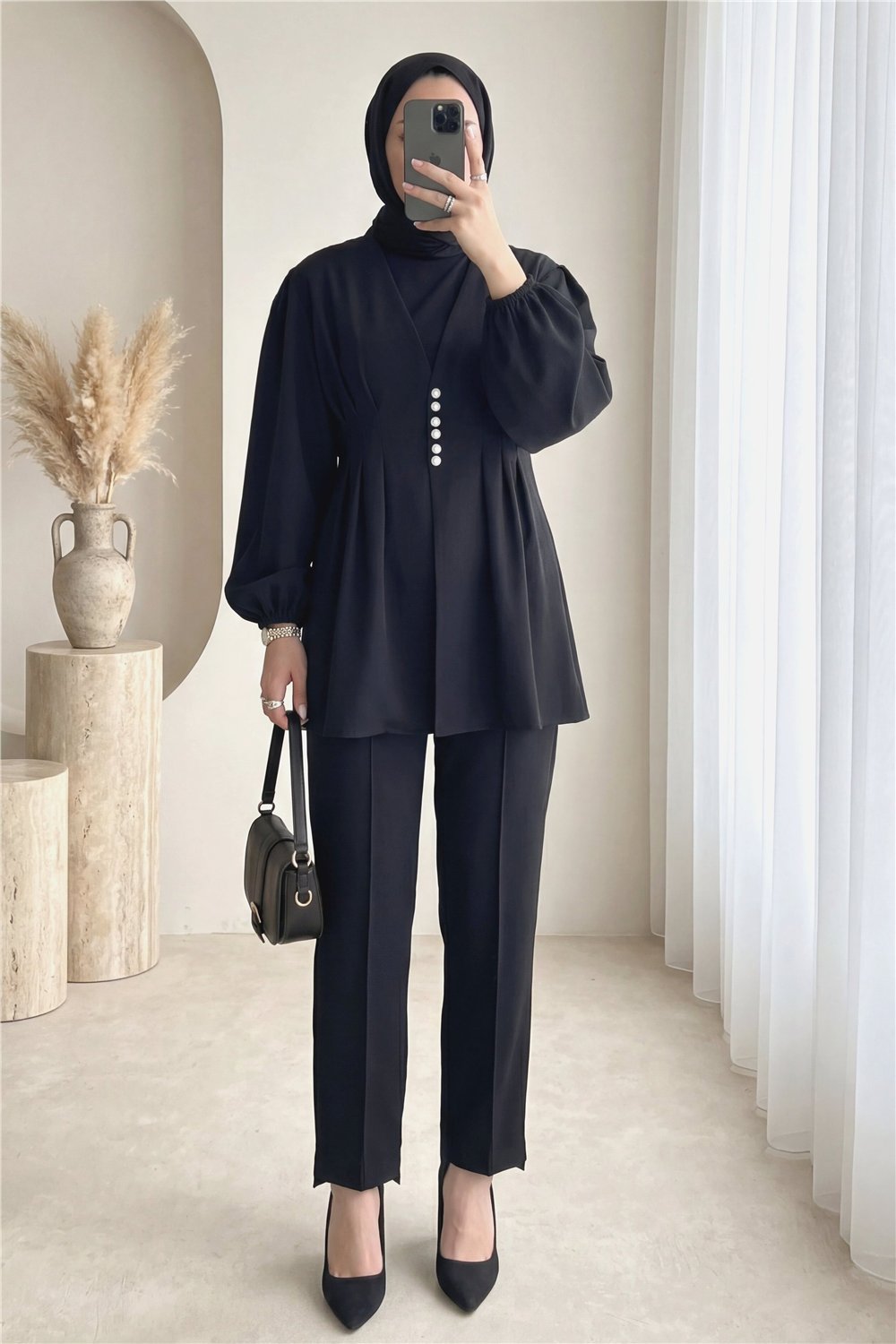 Taşlı Düğmeli Kolu Lastikli Double Pantolonlu Takım  -Siyah-Takım-307-0077-R01