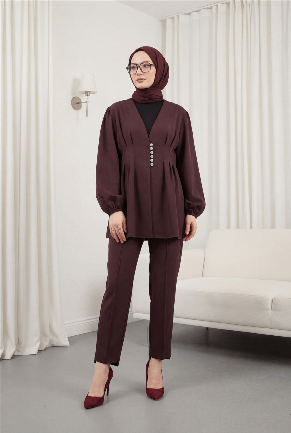 Taşlı Düğmeli Kolu Lastikli Double Pantolonlu Takım  -K. Bordo-Takım-307-0077-R52