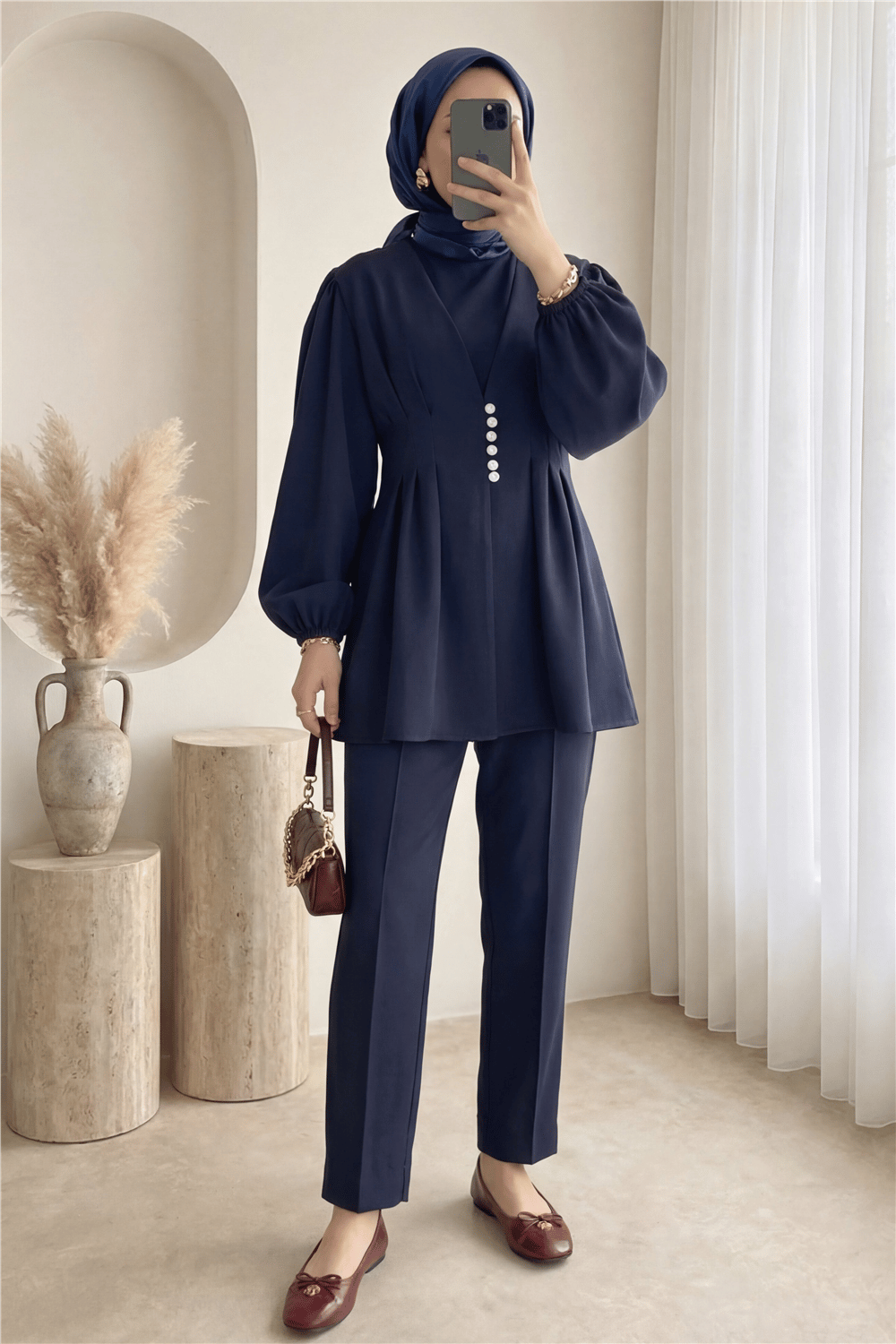 Taşlı Düğmeli Kolu Lastikli Double Pantolonlu Takım  -Laci-Takım-307-0077-R03