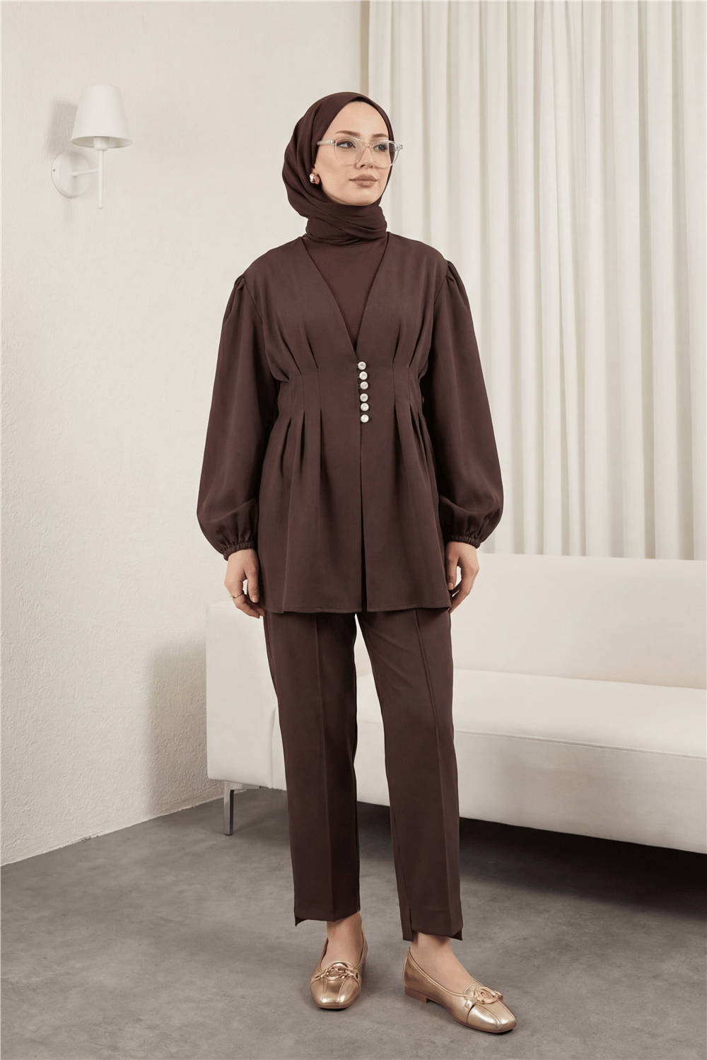 Taşlı Düğmeli Kolu Lastikli Double Pantolonlu Takım  -K. Kahve-Takım-307-0077-R54