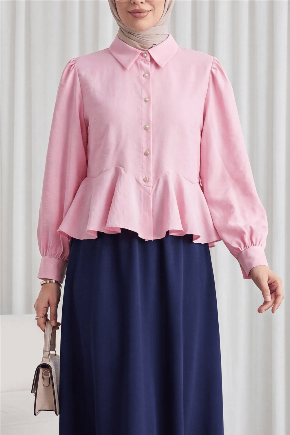 Taşlı Düğmeli Volan Detaylı Modal Gömlek Bluz  -Pembe-Gömlek-307-0095-R20