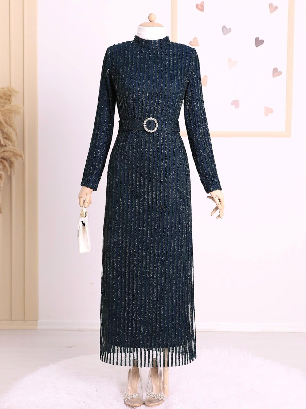 Taşlı Kemerli Sim Çizgili Tüllü Elbise  -Laci