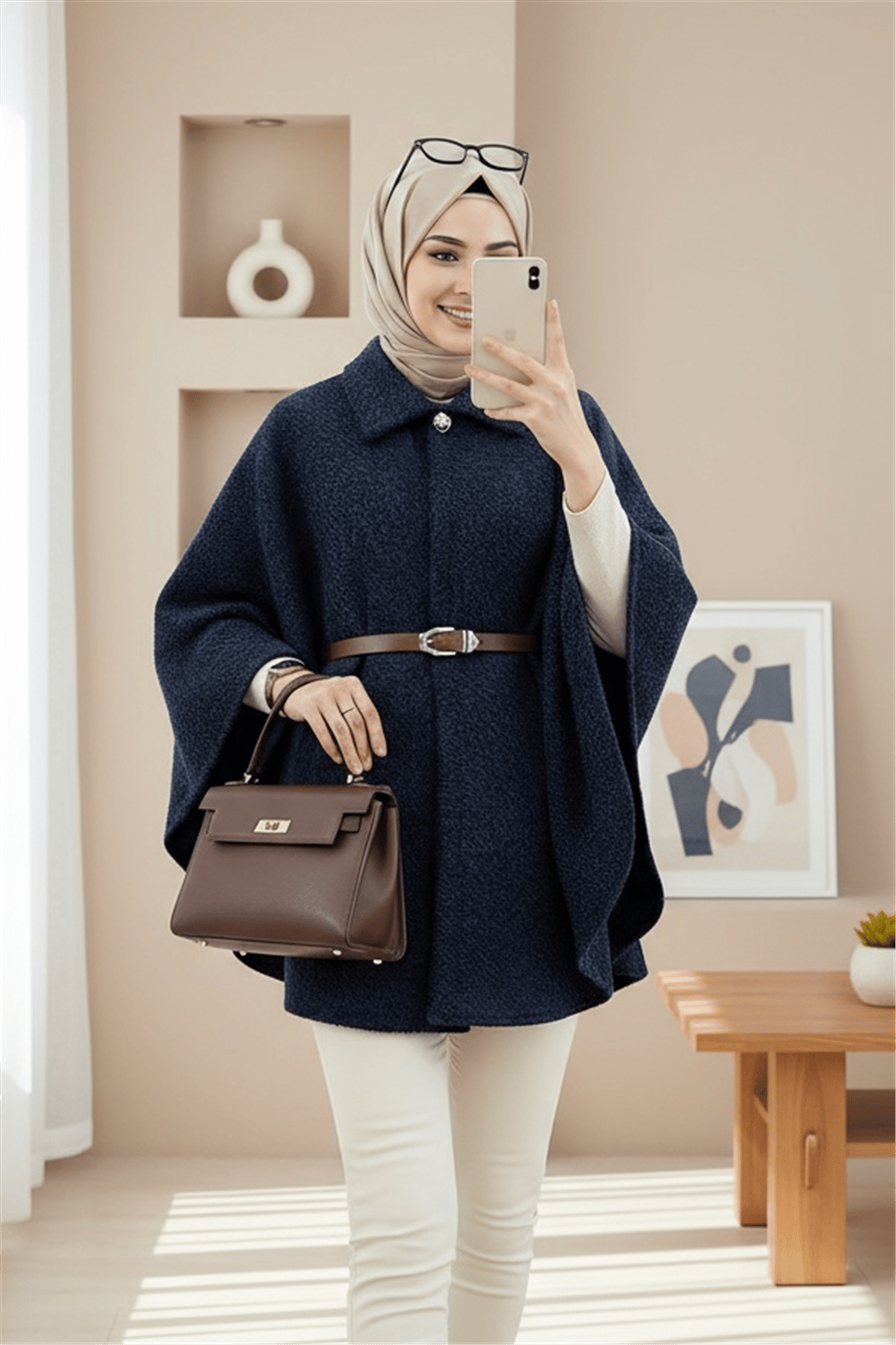 Tek Düğmeli  Beli Kemerli  Sakallı Panço  -Laci-Ceket-398-66001-R03