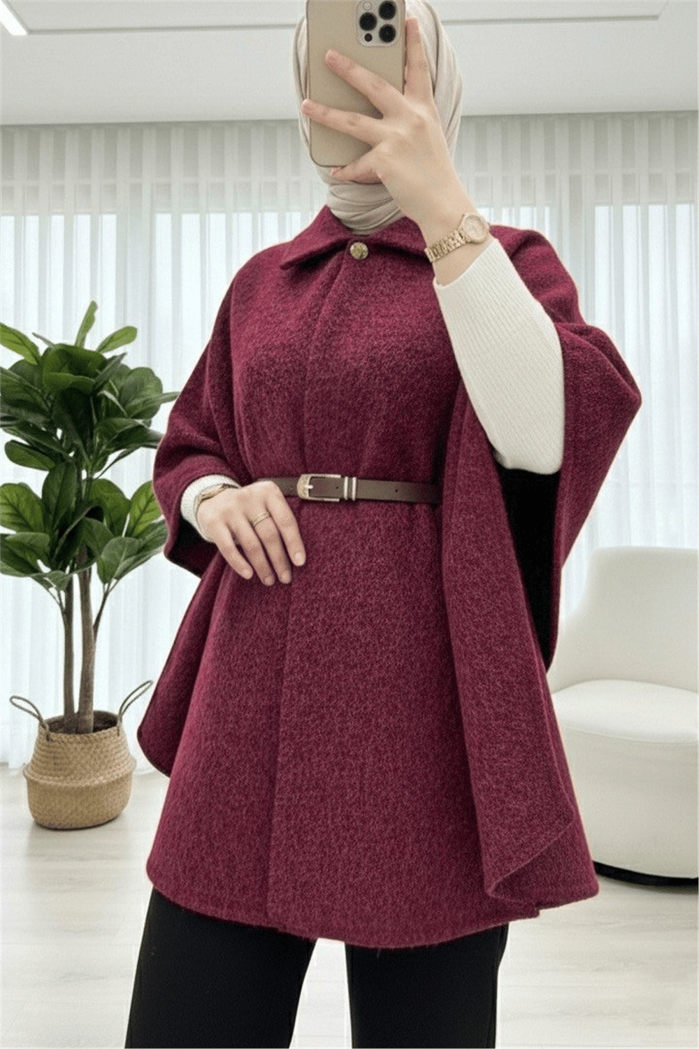 Tek Düğmeli  Beli Kemerli  Sakallı Panço    -Bordo-Ceket-398-66001-R04