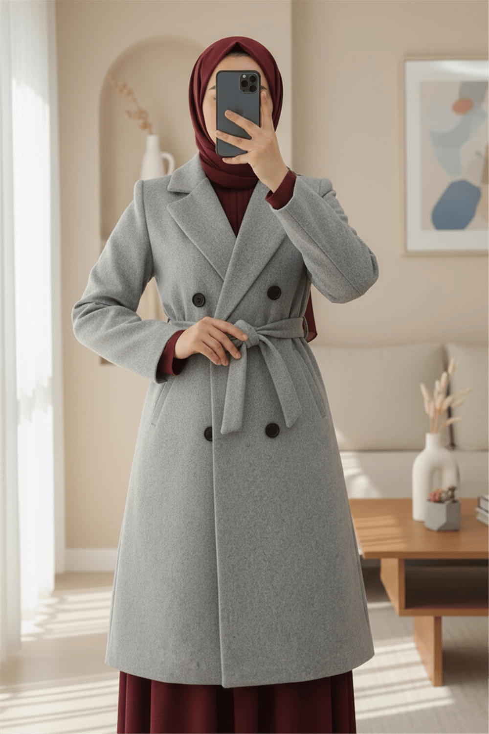 Tek Düğmeli Cepli Kemerli Astarlı Kaşe Kaban -Gri-Kaban-197-4911-R11