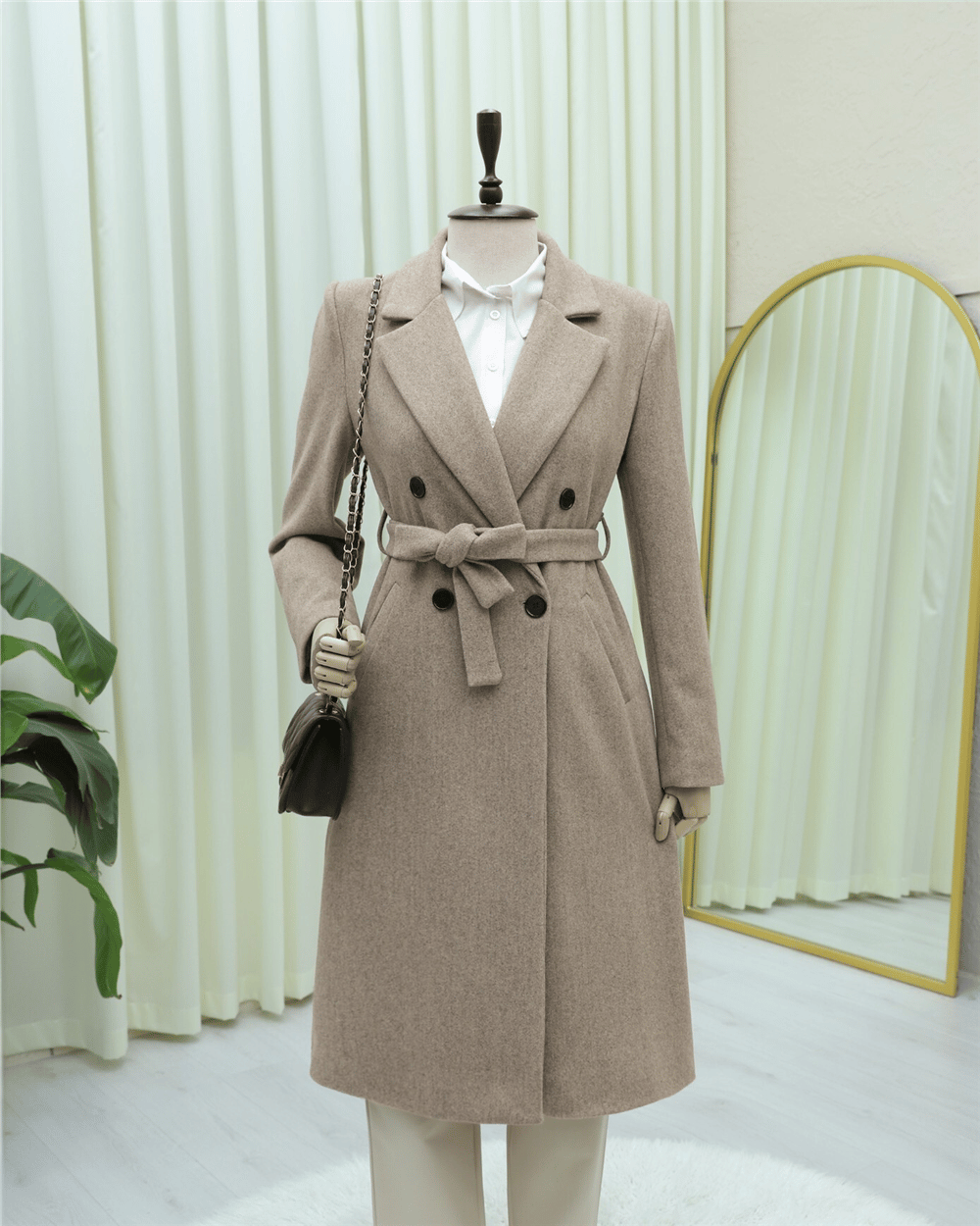 Tek Düğmeli Cepli Kemerli Astarlı Kaşe Kaban -Taş-Kaban-197-4911-R43