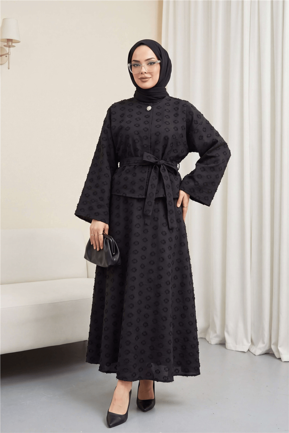 Tek Düğmeli Kabartma Nakışlı Bağlamalı Vual Krep Takım -Siyah-Takım-398-22041-R01
