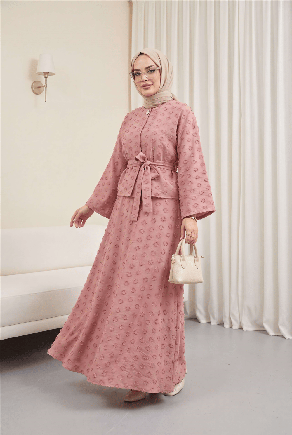 Tek Düğmeli Kabartma Nakışlı Bağlamalı Vual Krep Takım -Pembe-Takım-398-22041-R20
