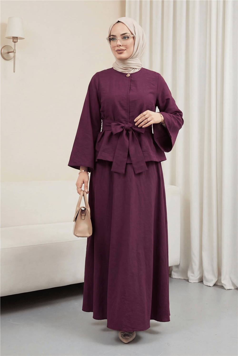 Tek Düğmeli Kuşaklı Etekliİkili Takım -Bordo-Takım-223-3088-R04
