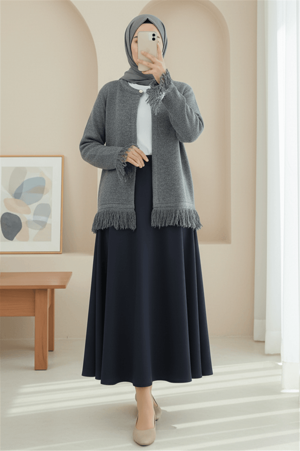 Tek Düğmeli Saçaklı Yumoş Triko Hırka   -Füme-Hırka-295-4502-R18