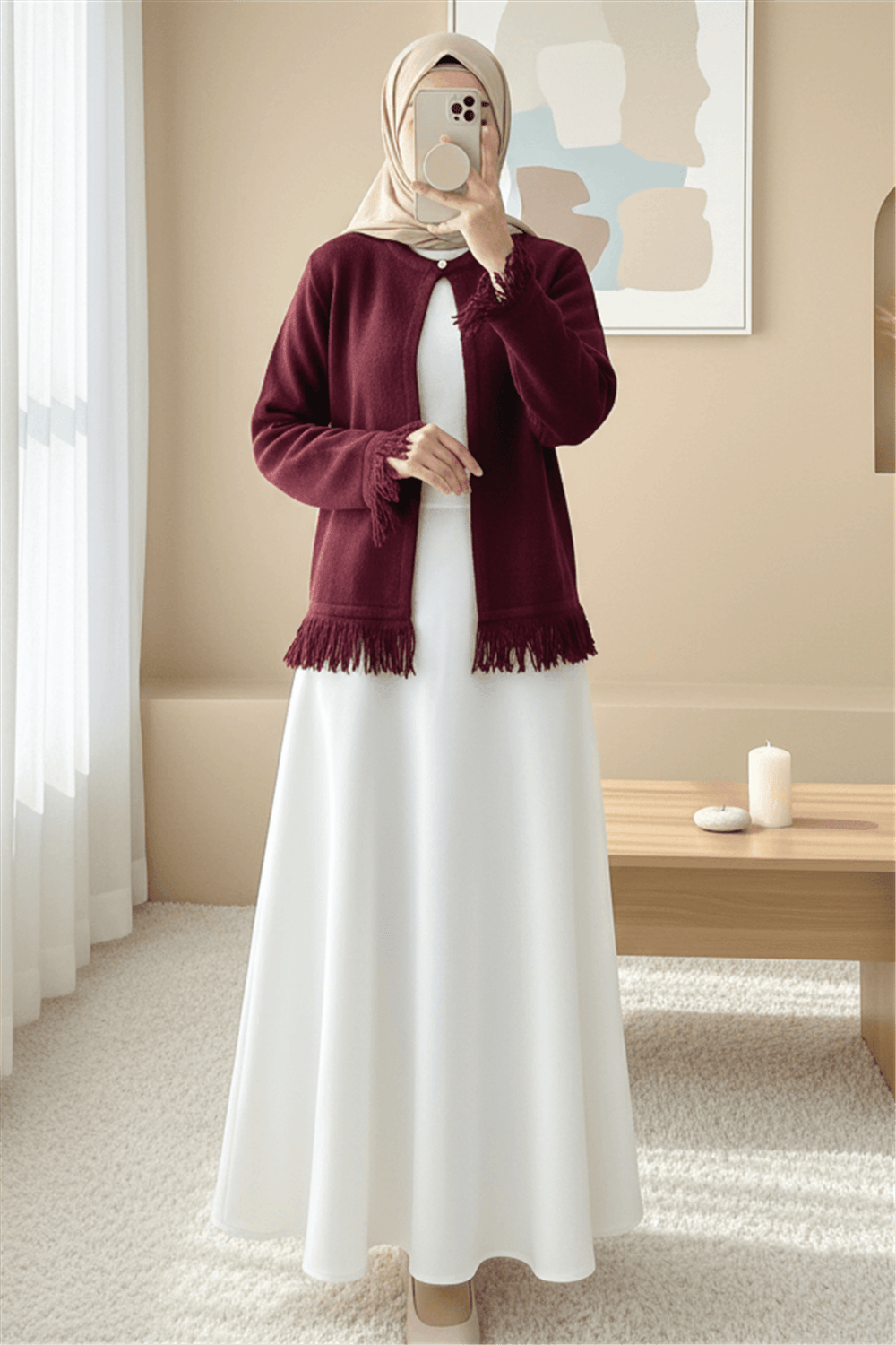 Tek Düğmeli Saçaklı Yumoş Triko Hırka   -Bordo-Hırka-295-4502-R04