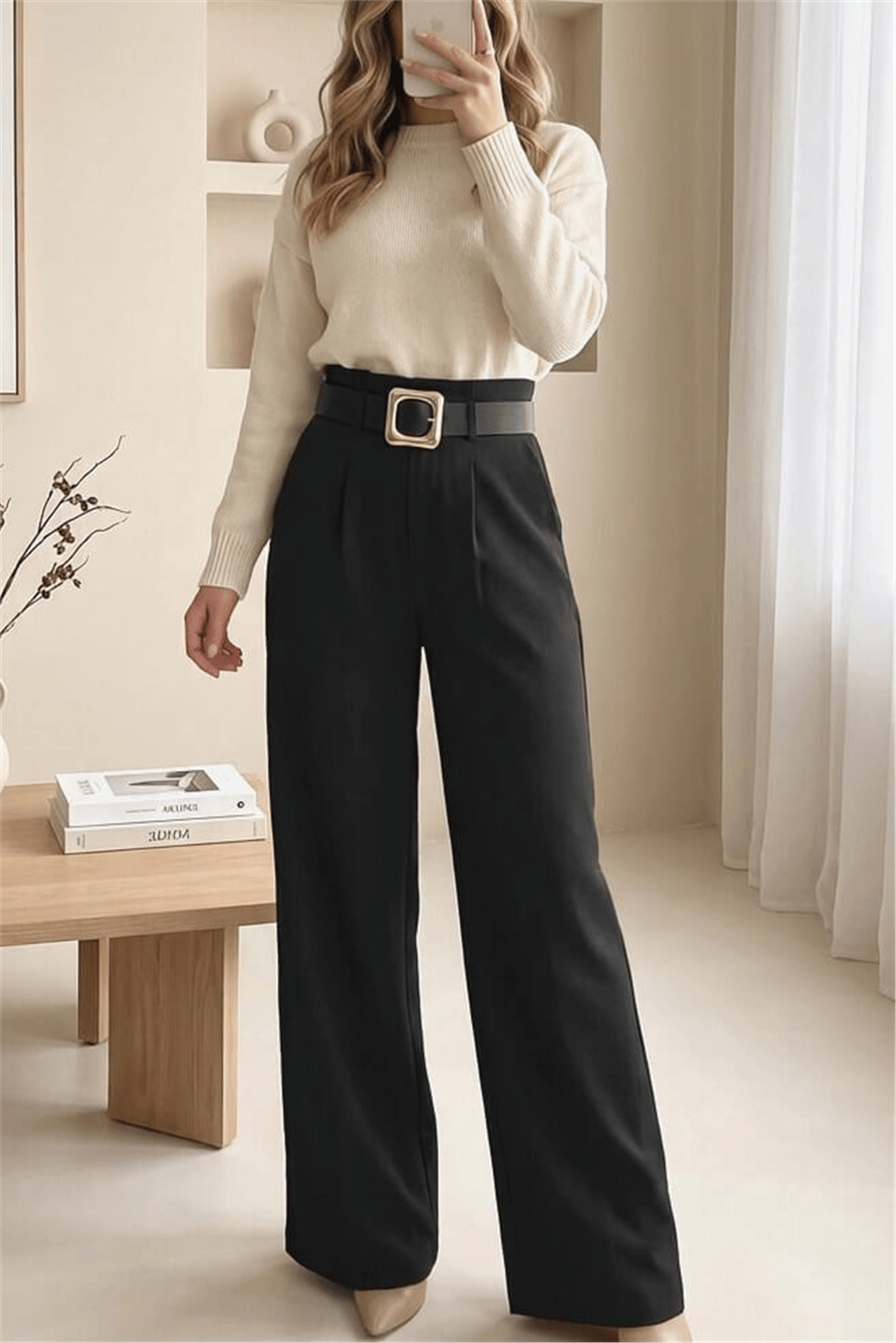 Tokalı Kemerli Beli Katlamalı Bol Paça Modal Krep Pantolon  -Siyah-Pantolon-421-10071-R01