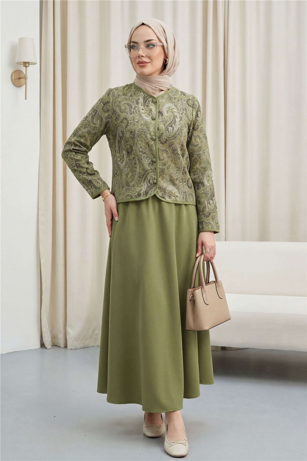 Top Düğme Etnik Desen Etekli Krep Takım -Haki-Takım-349-8077-R05