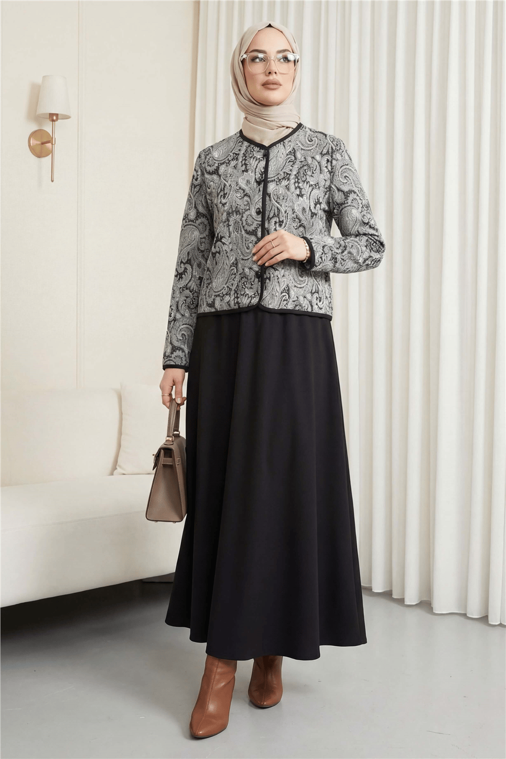 Top Düğme Etnik Desen Etekli Krep Takım -Siyah-Takım-349-8077-R01