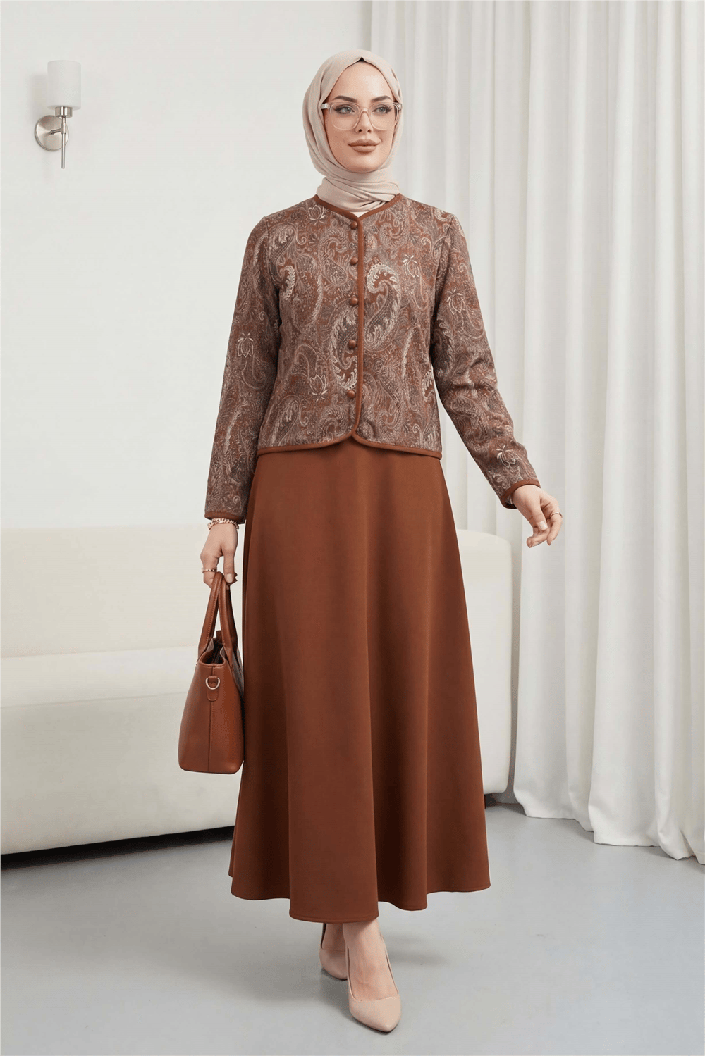 Top Düğme Etnik Desen Etekli Krep Takım -Kahve-Takım-349-8077-R15