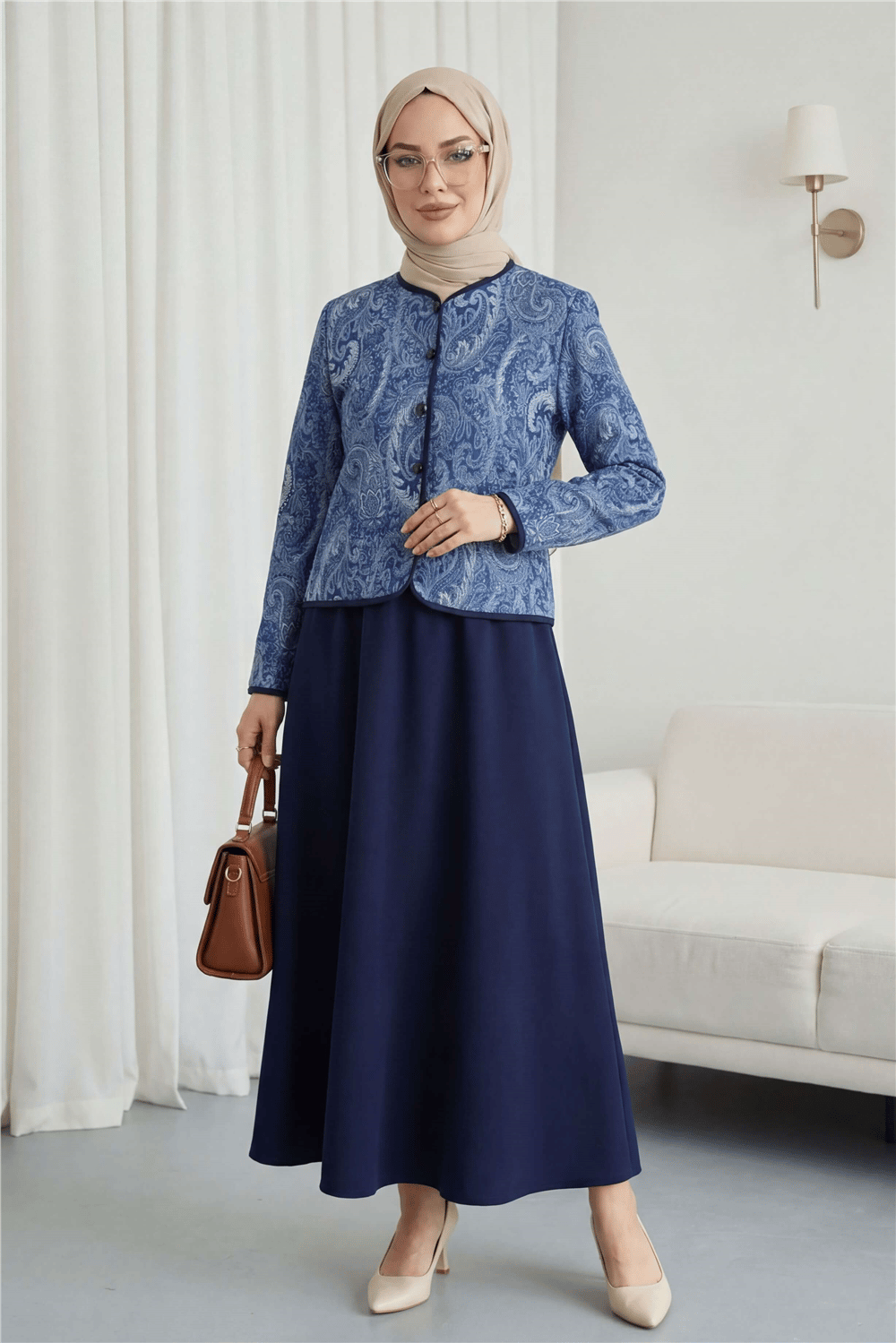 Top Düğme Etnik Desen Etekli Krep Takım -Laci-Takım-349-8077-R03