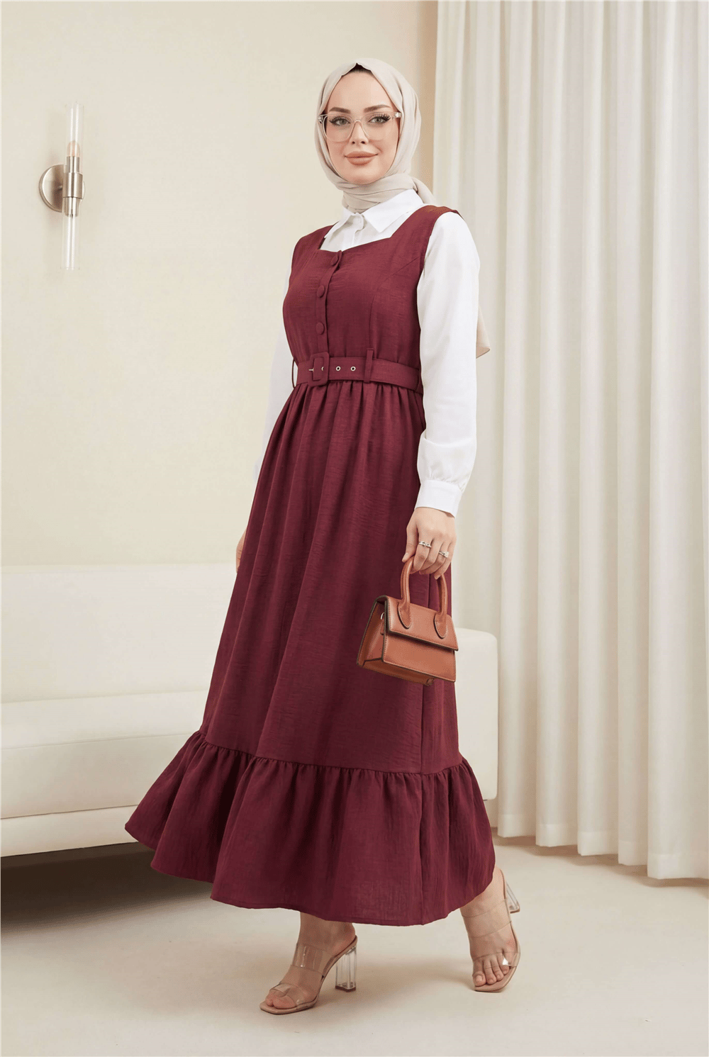 Top Düğmeli Altı Fırfırlı Beli Kemerli  Jile Elbise -Bordo-Elbise-346-3063-R04
