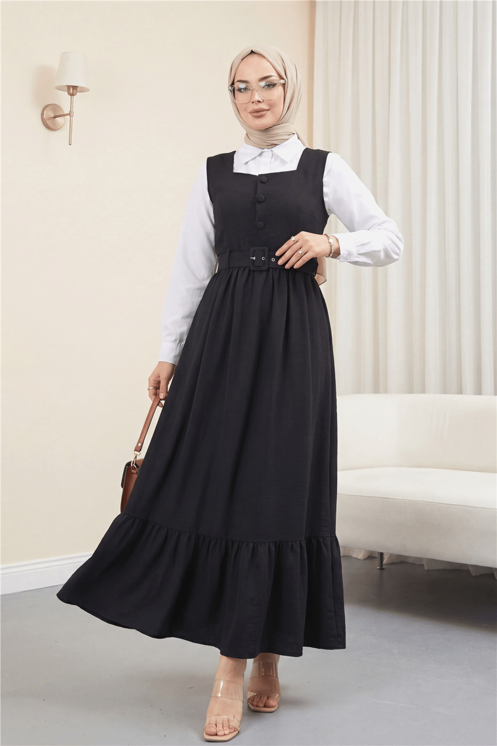 Top Düğmeli Altı Fırfırlı Beli Kemerli  Jile Elbise  -Siyah-Elbise-346-3063-R01