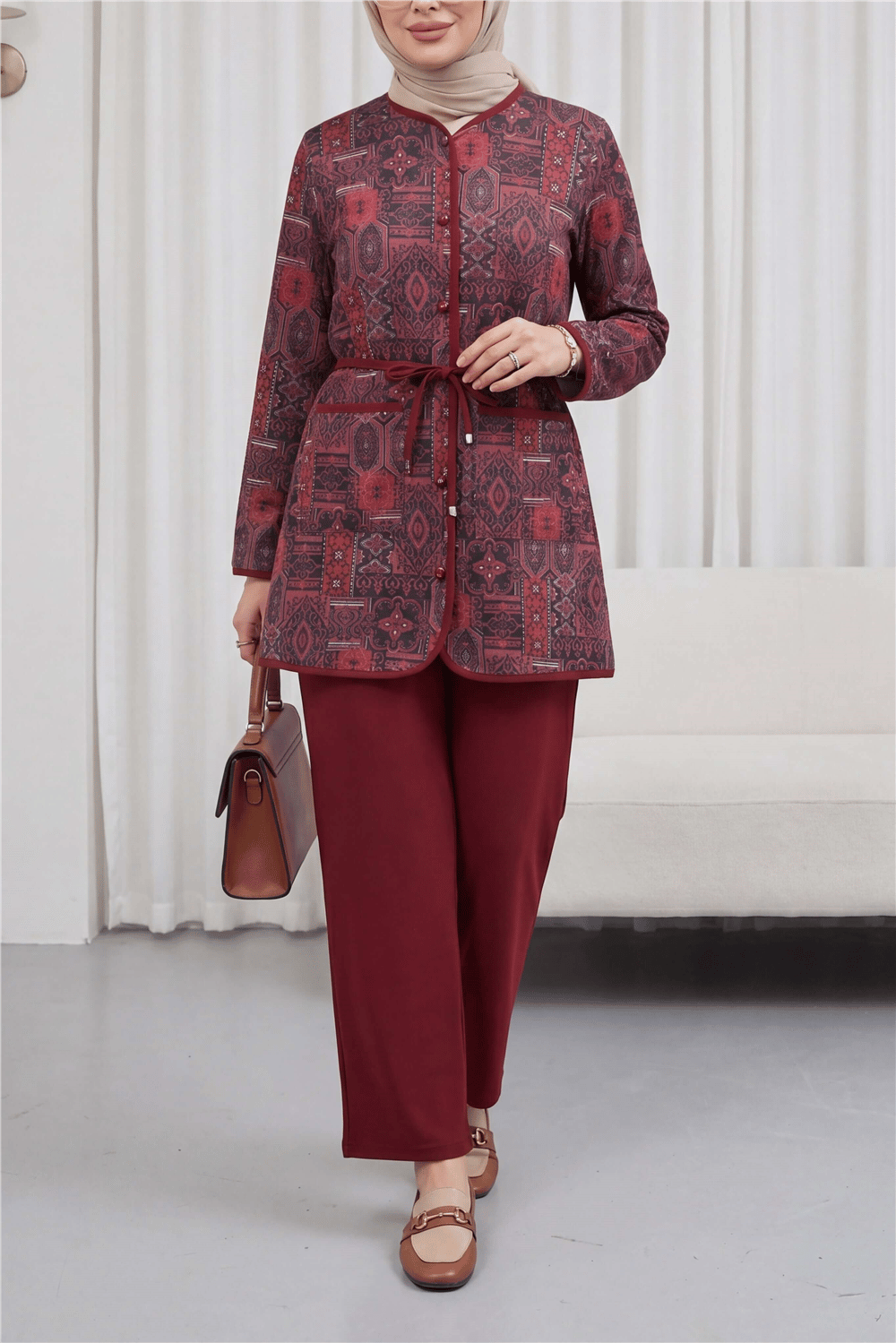 Top Düğmeli Cepli Kemerli Desenli Pantolonlu Dabıl Takım  -Bordo-Takım-349-8092-R04