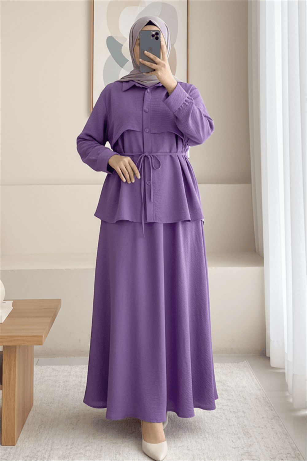 Top Düğmeli Kemerli Etekli Ayrobin Takım  -Mor-Takım-349-6098-R34