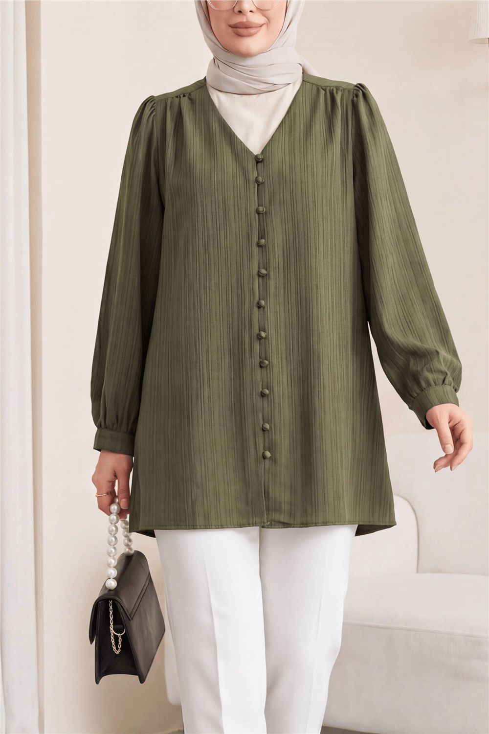 Top Düğmeli V Yaka Jakarlı Krinkıl Tunik  -Haki-Tunik-346-3092-R05