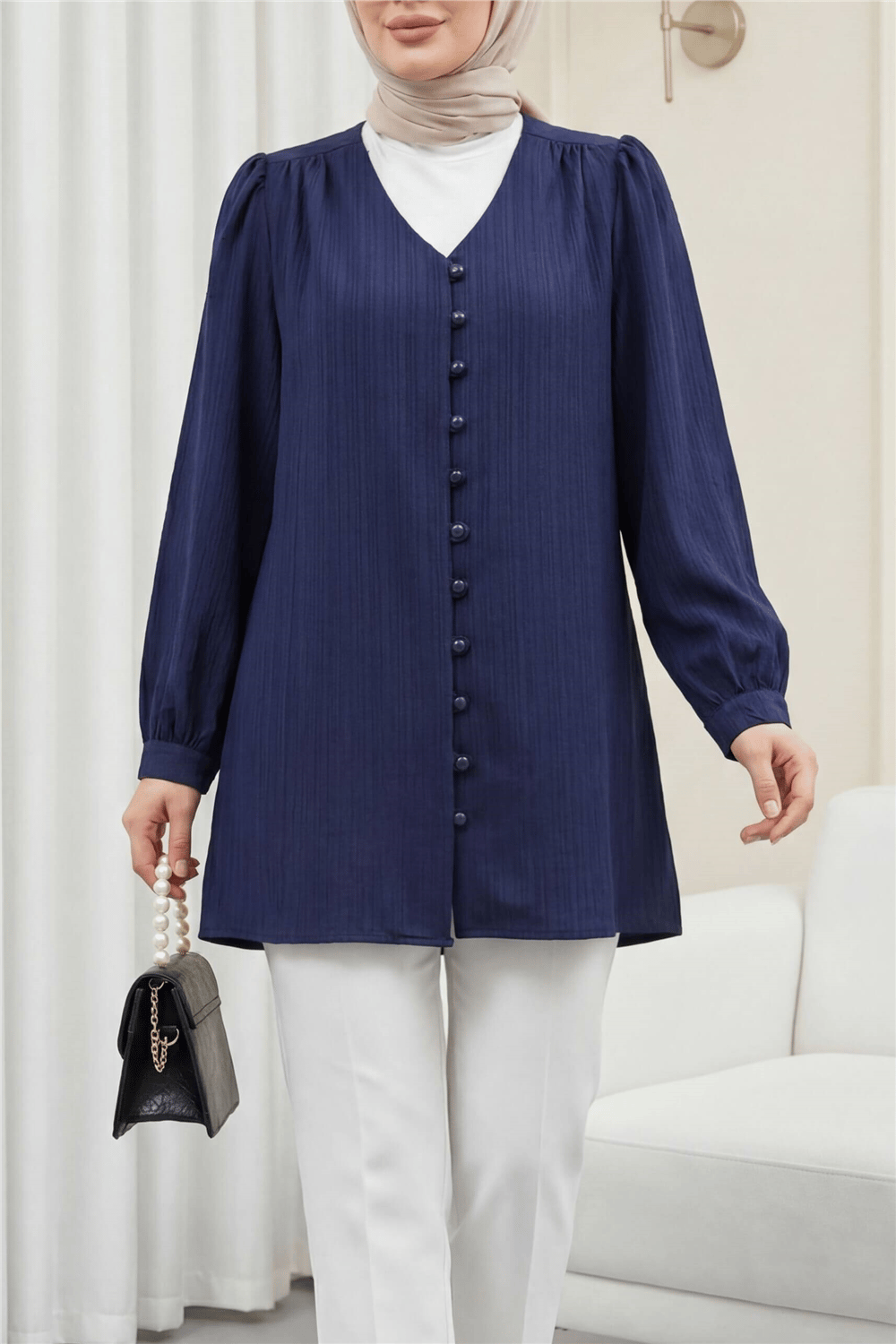 Top Düğmeli V Yaka Jakarlı Krinkıl Tunik  -Lacivert-Tunik-346-3092-R03