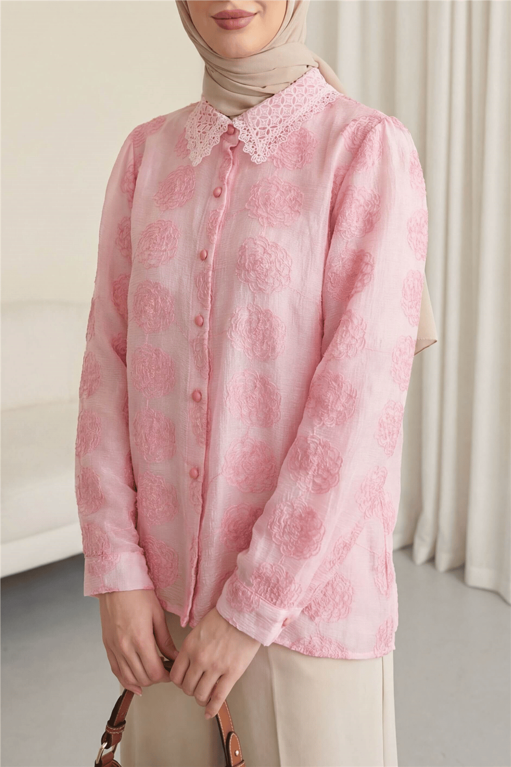 Top Düğmeli Yakası Dantelli Desenli Jakar Gömlek -Pembe-Gömlek-430-2272-R20