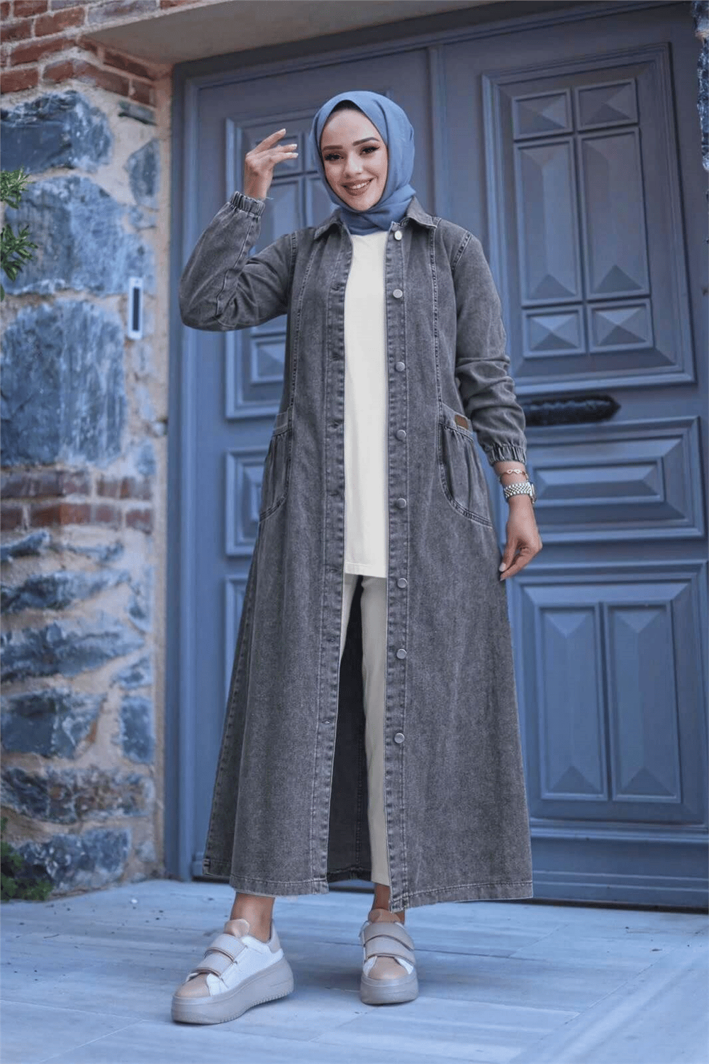 Torba Cepli Metal Düğmeli Uzun Kot Kap   -Füme-Trençkot-197-7929-R18